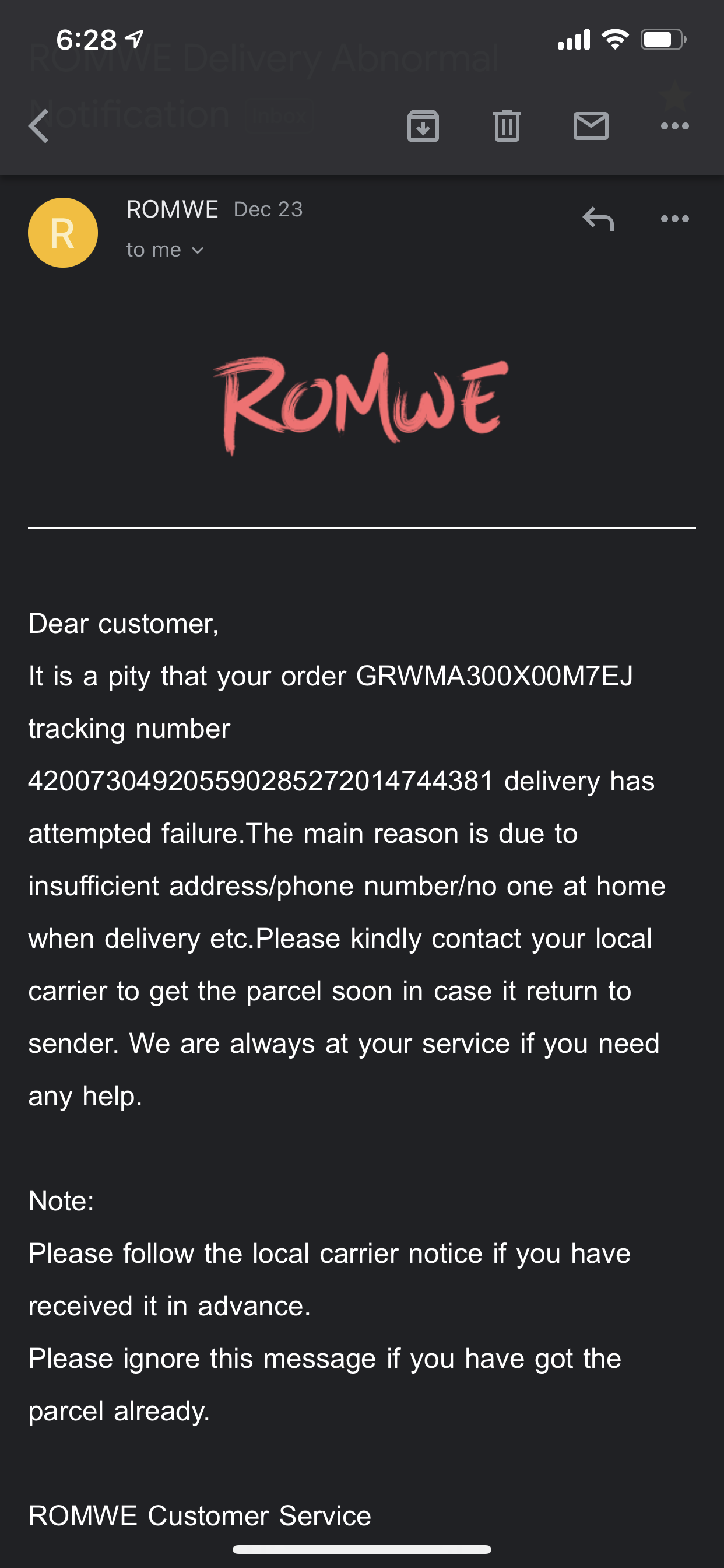 ROMWE complaint Never received my order