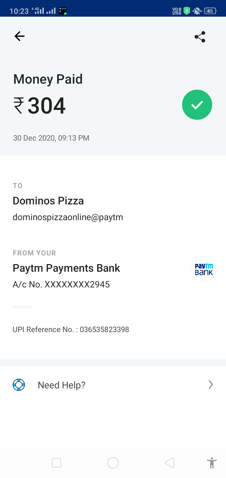 Dominos Pizza complaint Money deducted but not ordered