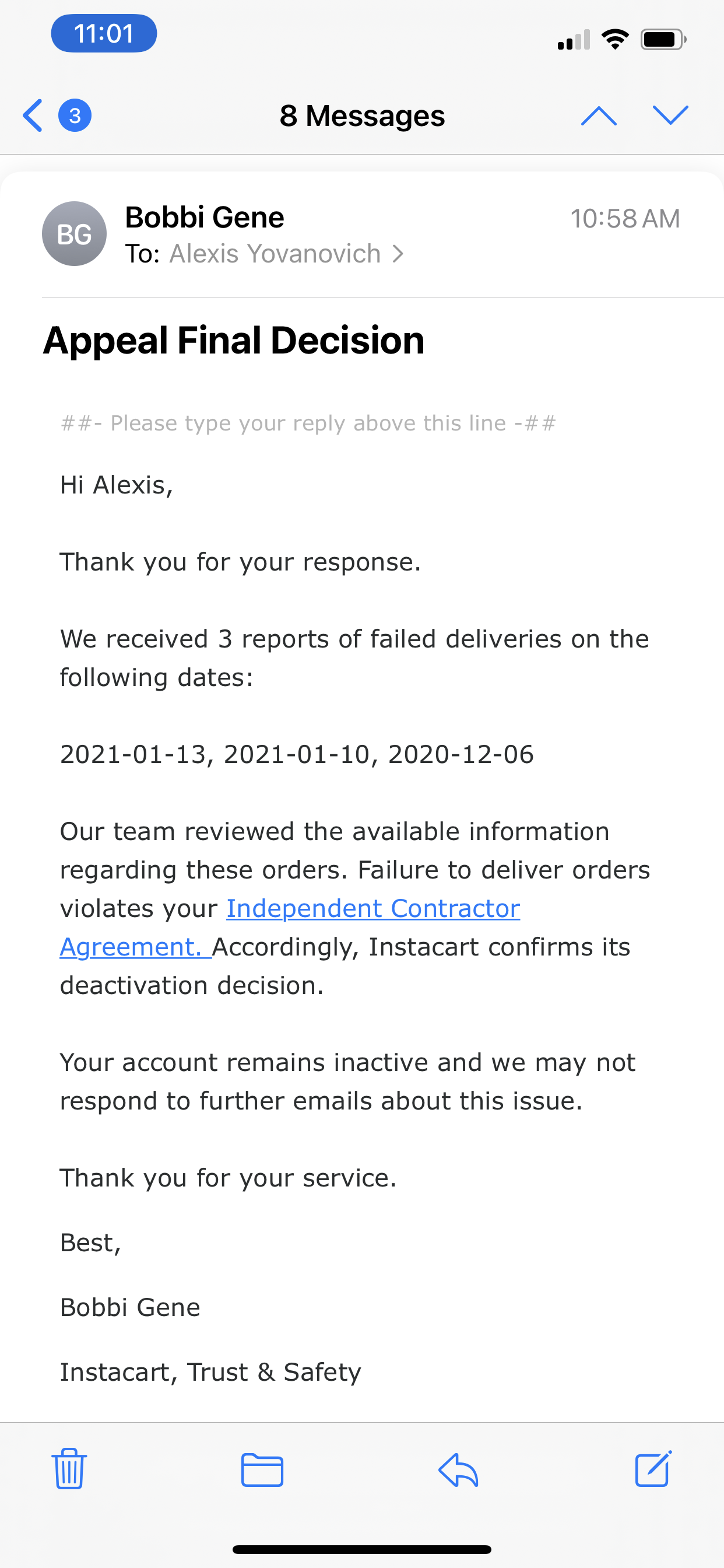 Instacart complaint Deactivated my account for wrongful reasons
