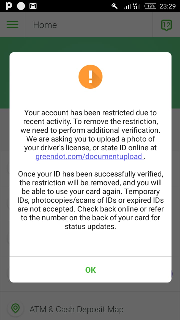 Green Dot Bank complaint Account was restricted