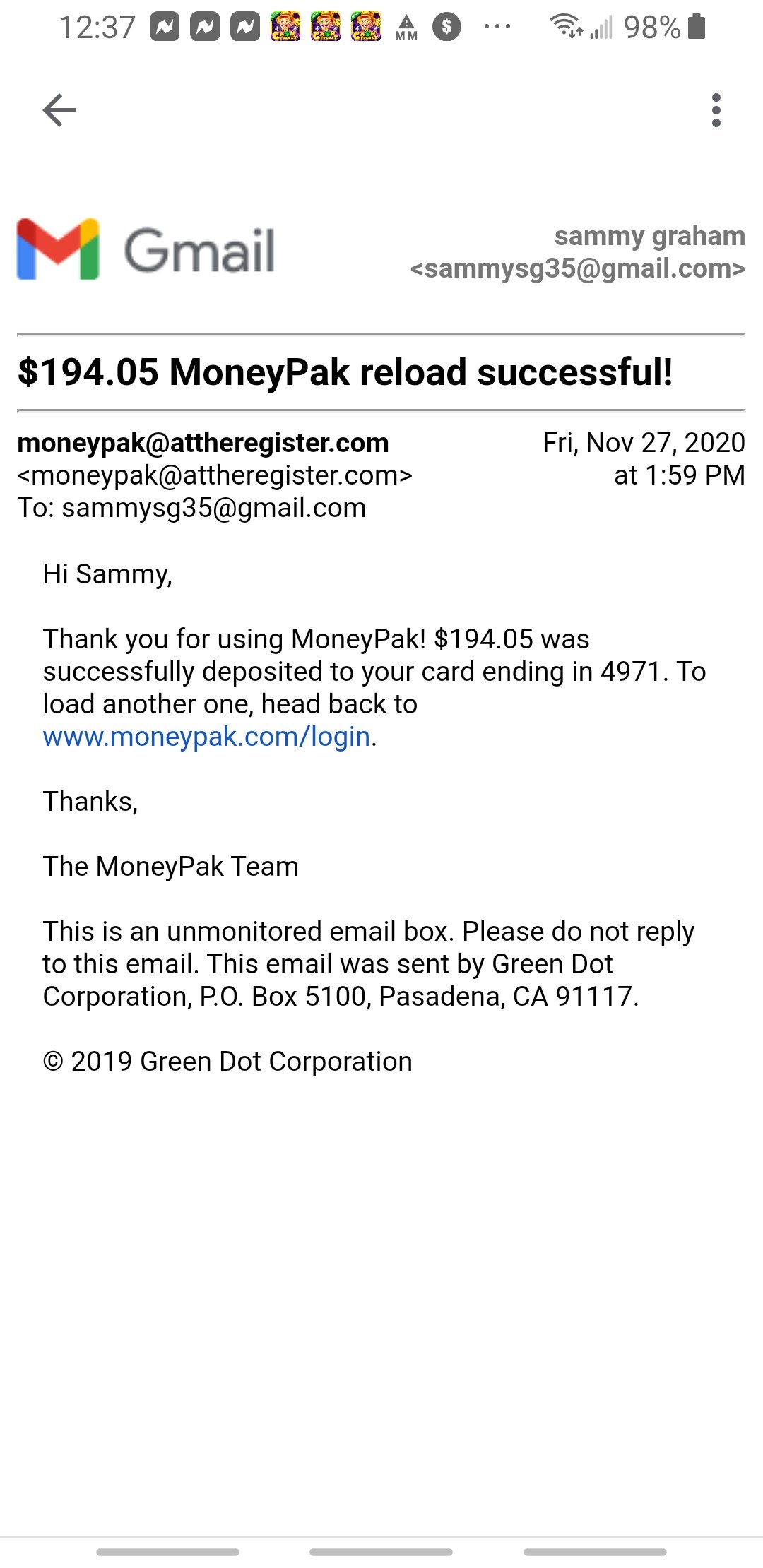 Green Dot Bank complaint My lost money
