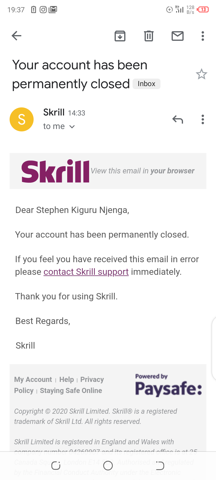 Skrill complaint Account permanently closed