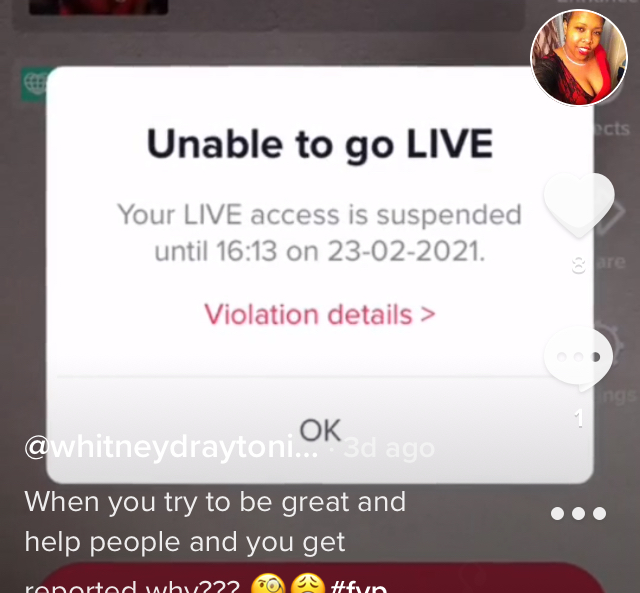 TikTok complaint Banned from live and did nothing wrong
