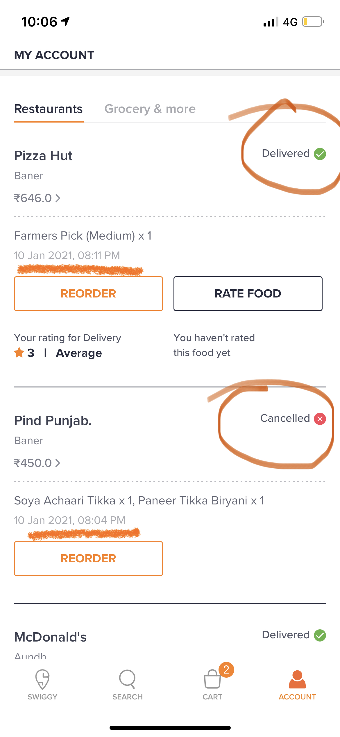 Swiggy complaint Delivery guy paid cash from me and did not update in the app