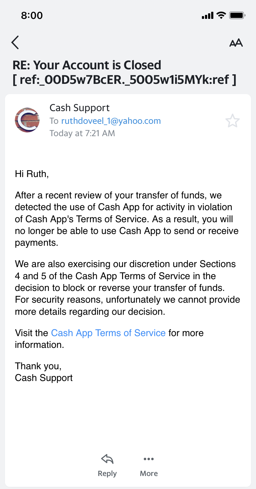 Cash App complaint Closed Account