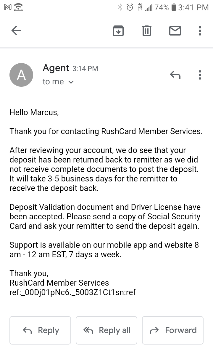 RushCard complaint ACH Deposit FAIL