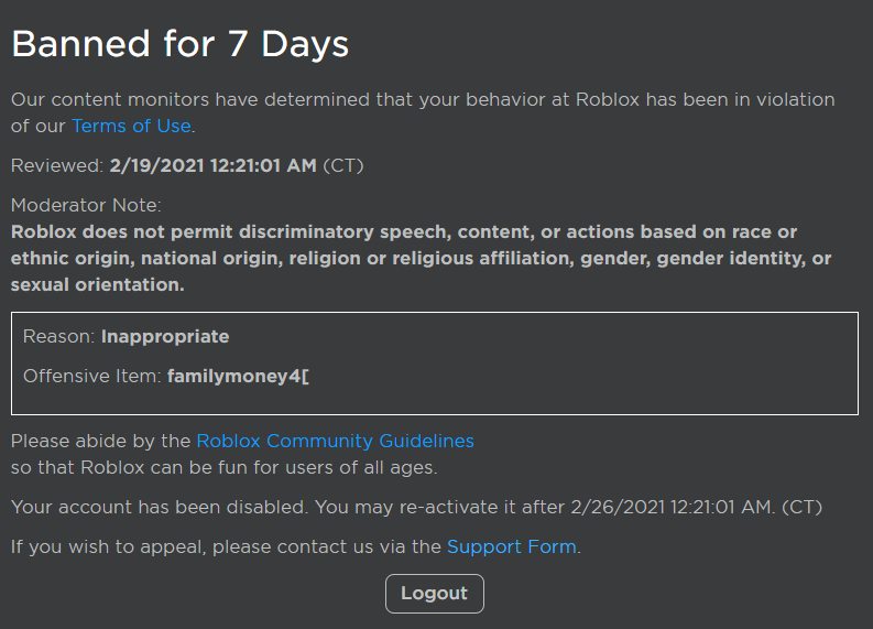 Roblox complaint Being Banned for an Invalid Reason.