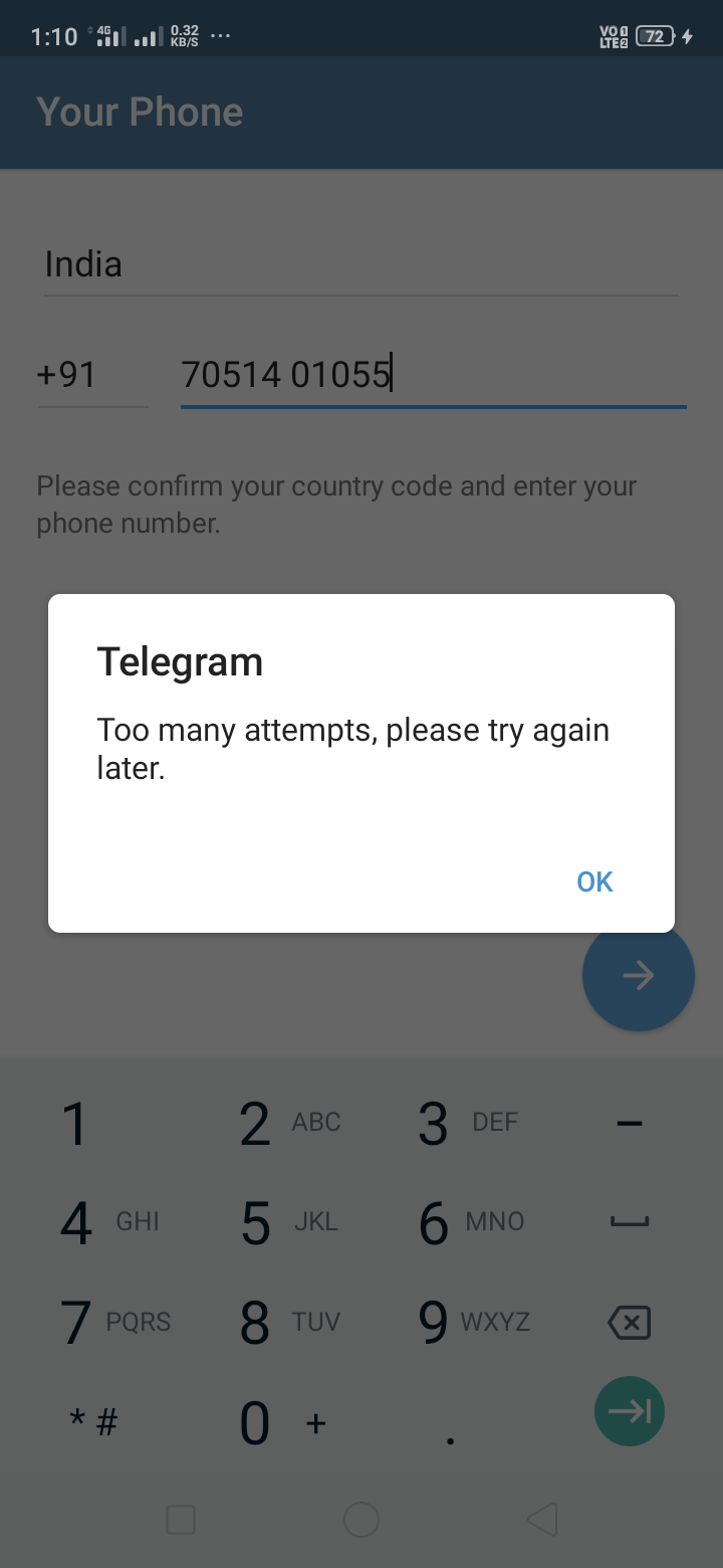 Telegram complaint How to solve too many attempts issue