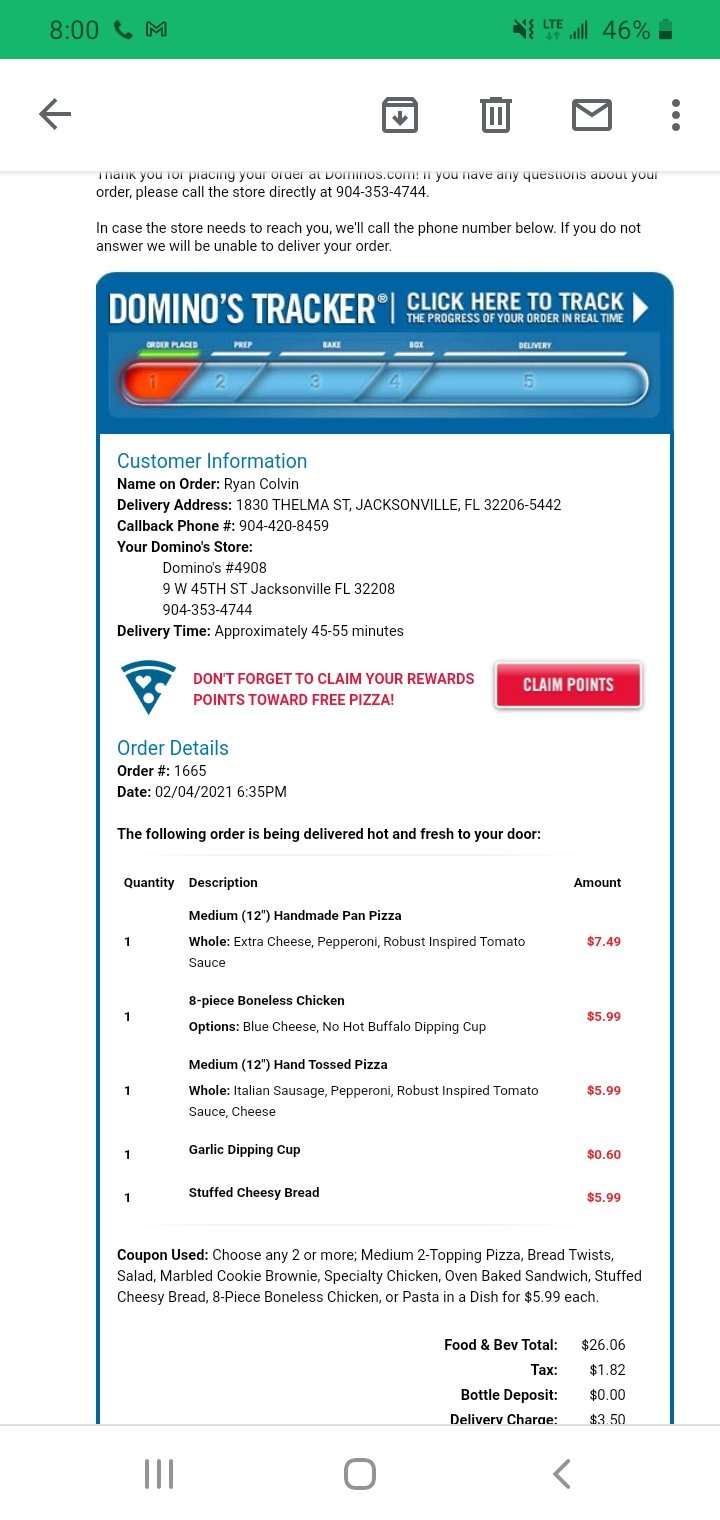 Dominos Pizza complaint Order pizza at 635pm haven't received it