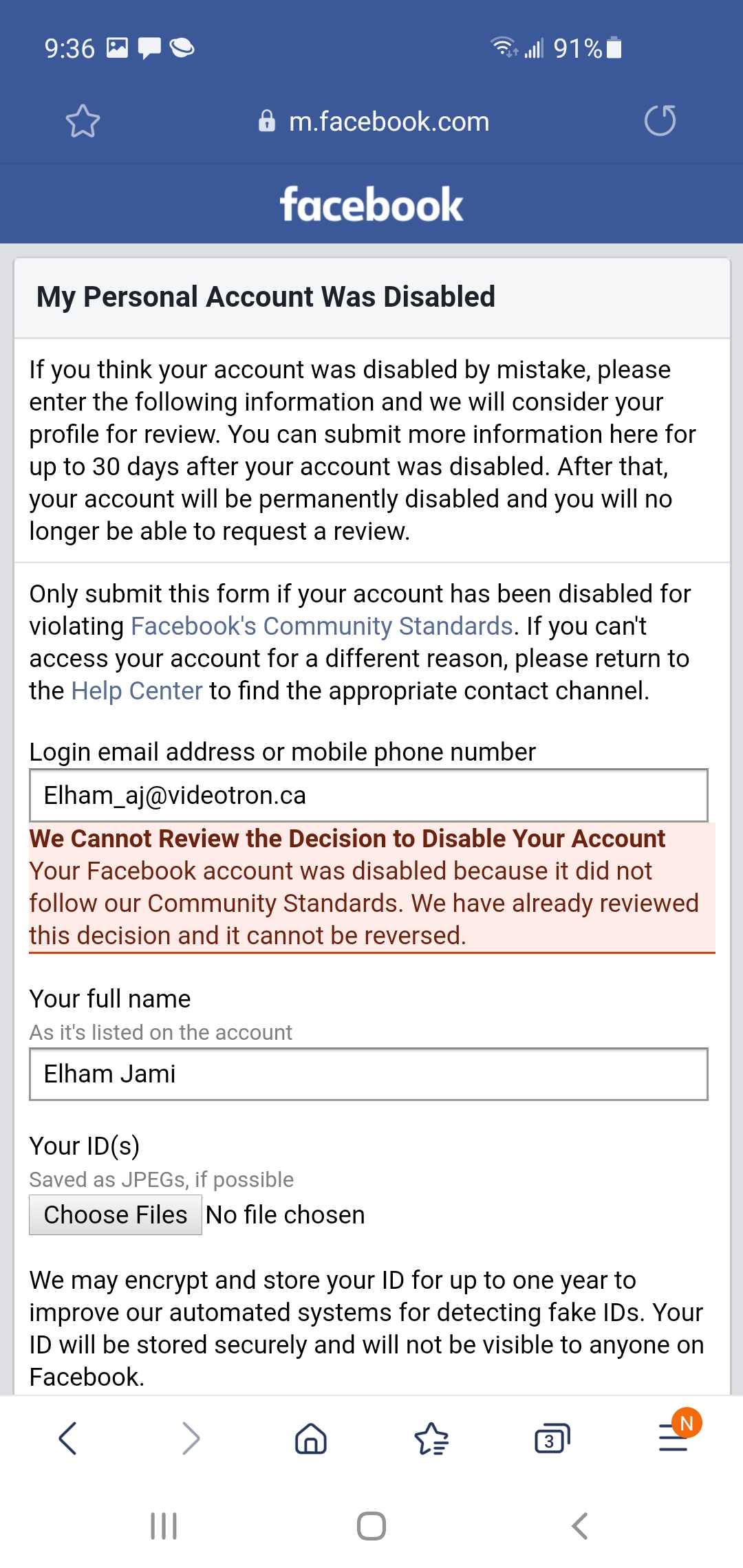 Facebook complaint Unjustified deactivation of my account