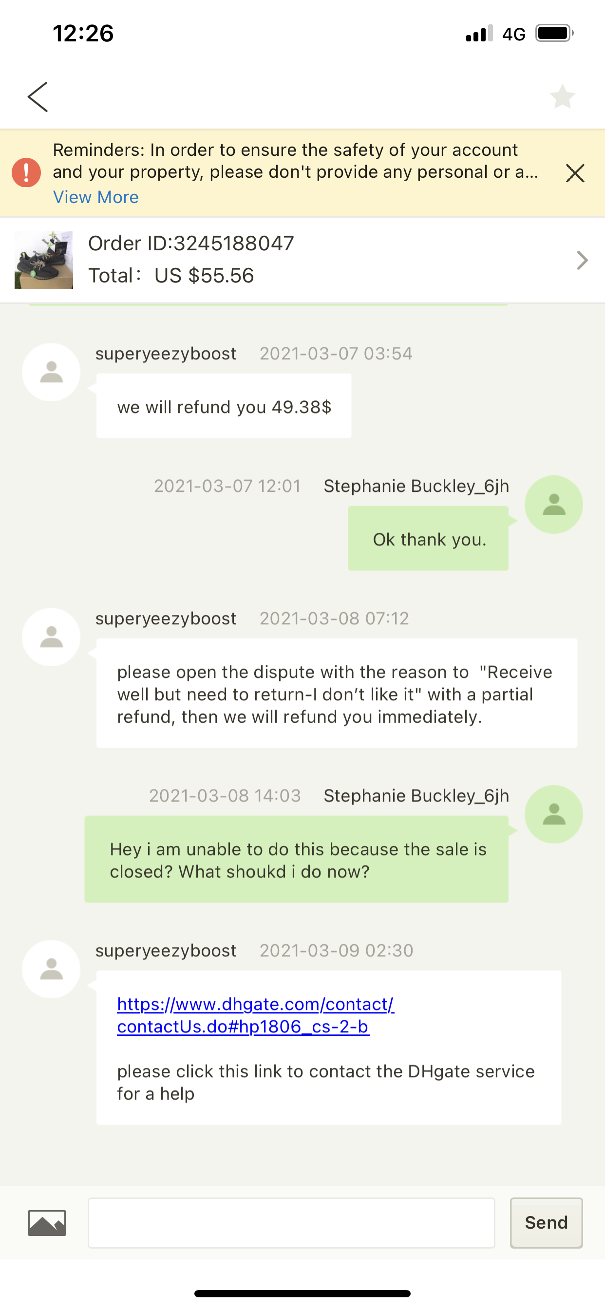 DHgate.com complaint Dispute not working
