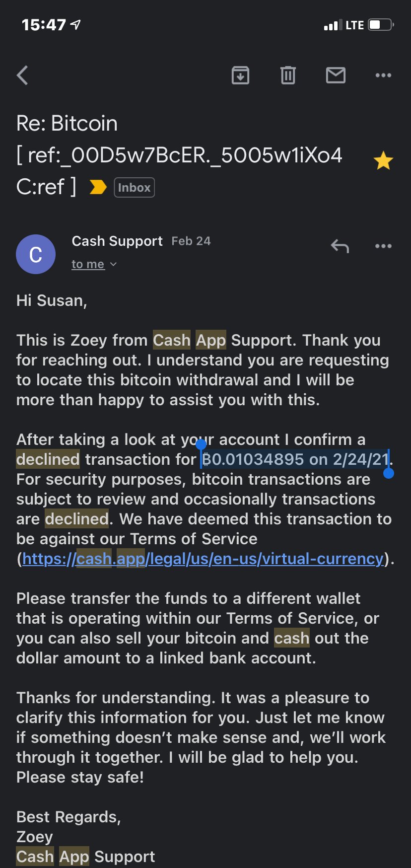 Cash App complaint Did not put my Bitcoin back after they declined the transfer