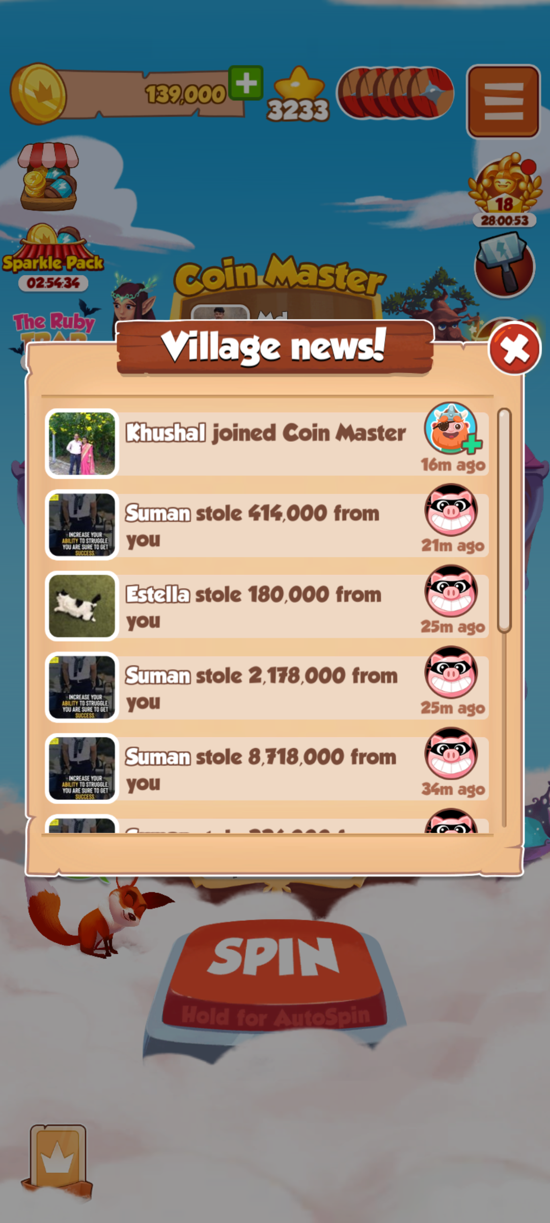 Coin Master complaint Spins not received by joined my friend