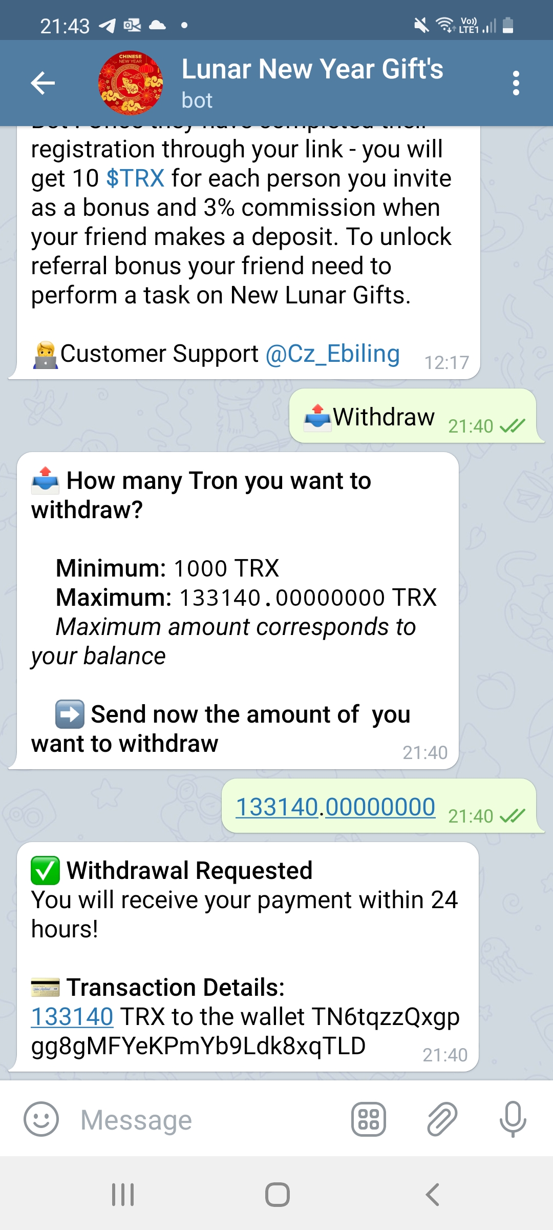 Telegram complaint Bot taking money for withdrawal and not paying
