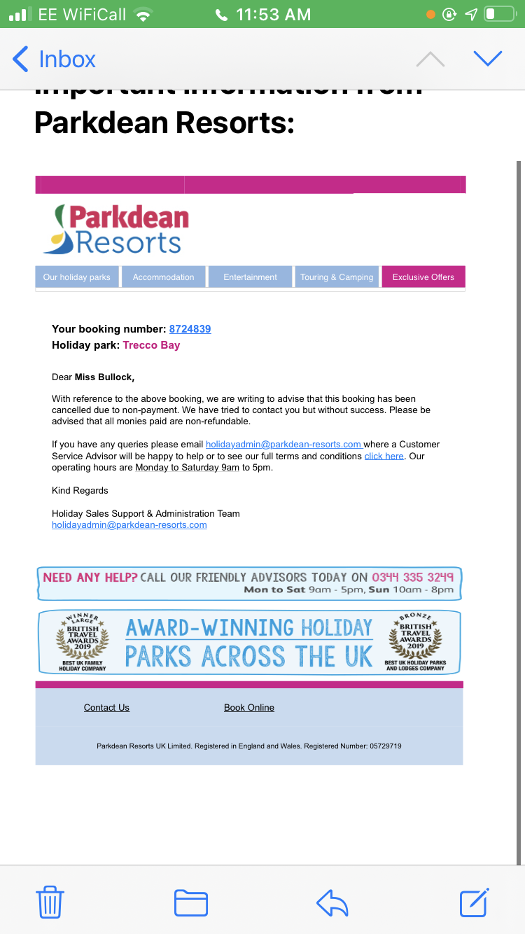Parkdean Resorts complaint About a cancaelled holiday