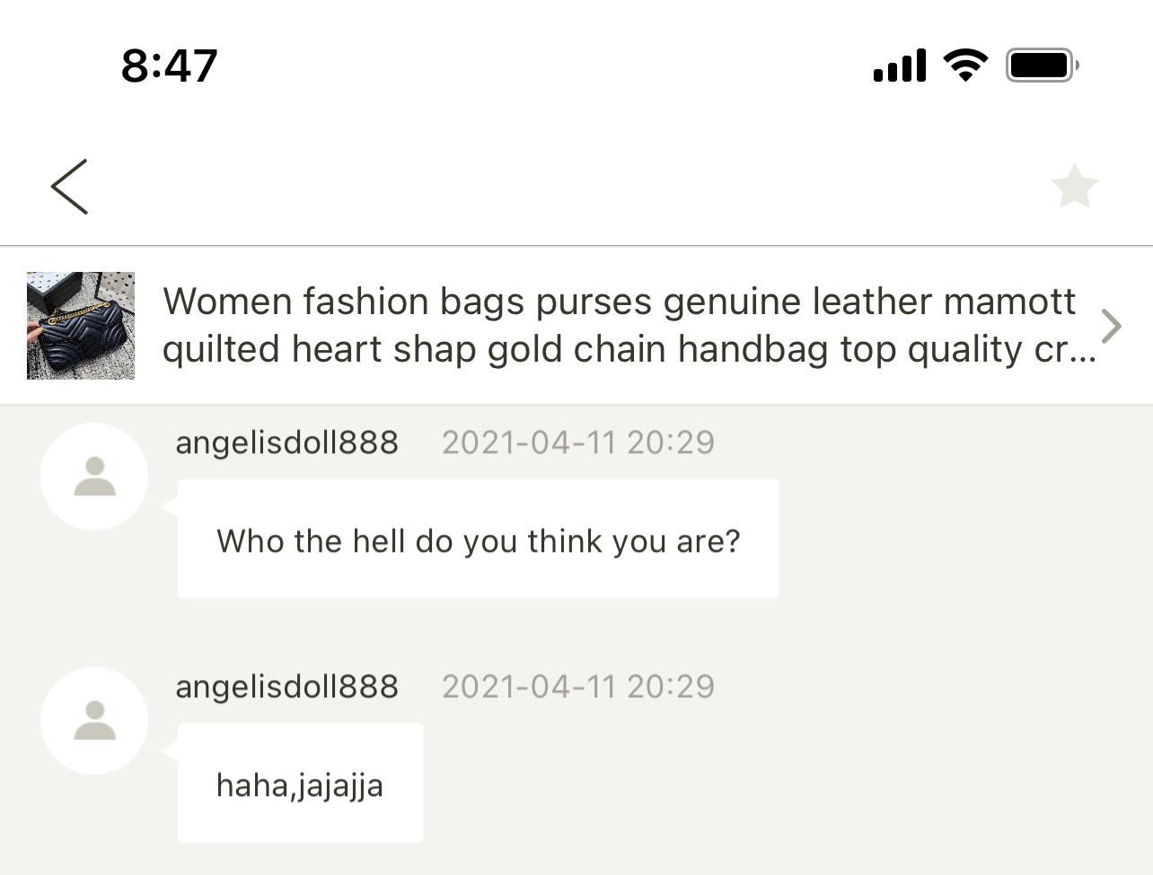 DHgate.com complaint This seller is cursing at me on dhgates and she is selling fake bags