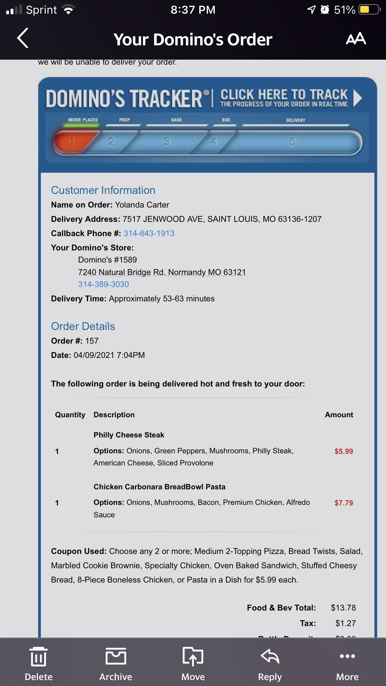 Dominos Pizza complaint Incomplete order