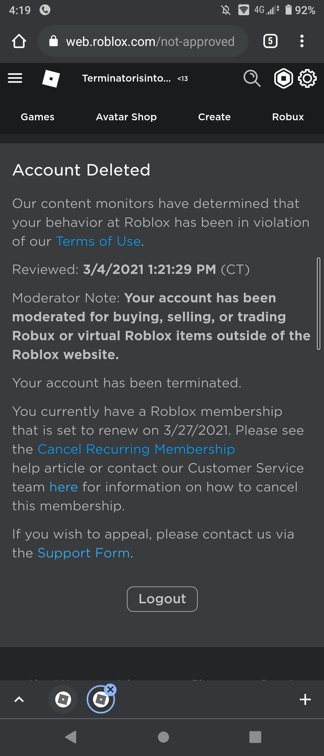 Roblox complaint Took my account