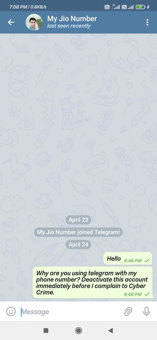 Telegram complaint Account created using my phone number without my knowledge.