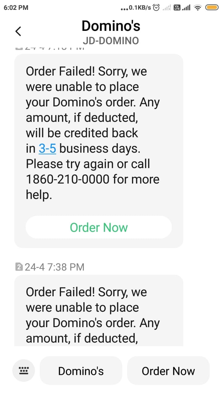Dominos Pizza complaint money debited but no order