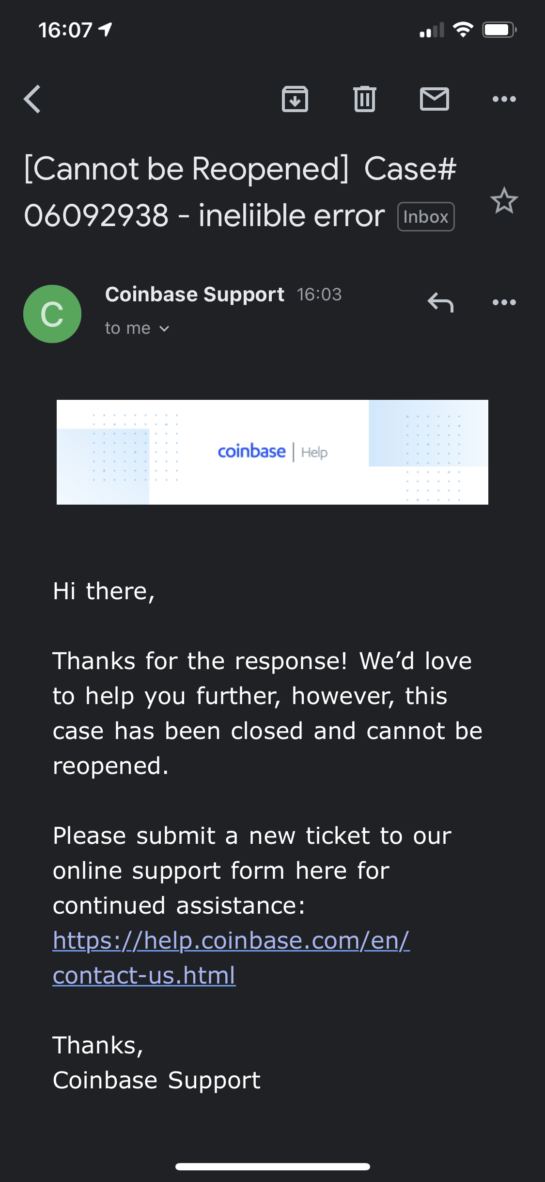 Coinbase complaint Useless support