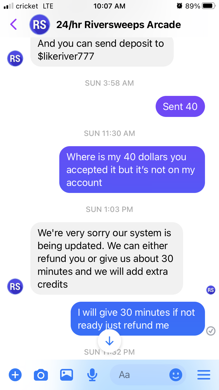Riversweeps complaint Money on my account