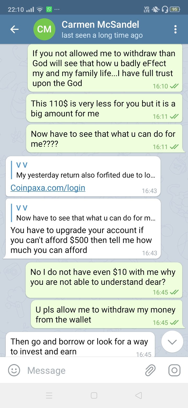 Telegram complaint Coinpaxa Group and their Admin Have Cheated me from $110