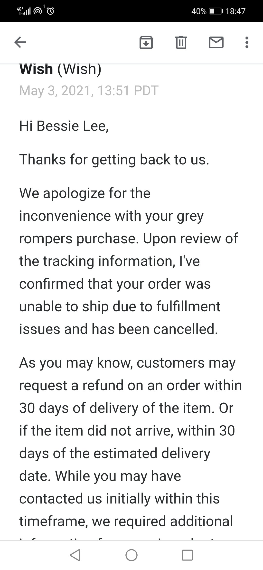 Wish complaint Wish cancelled my order