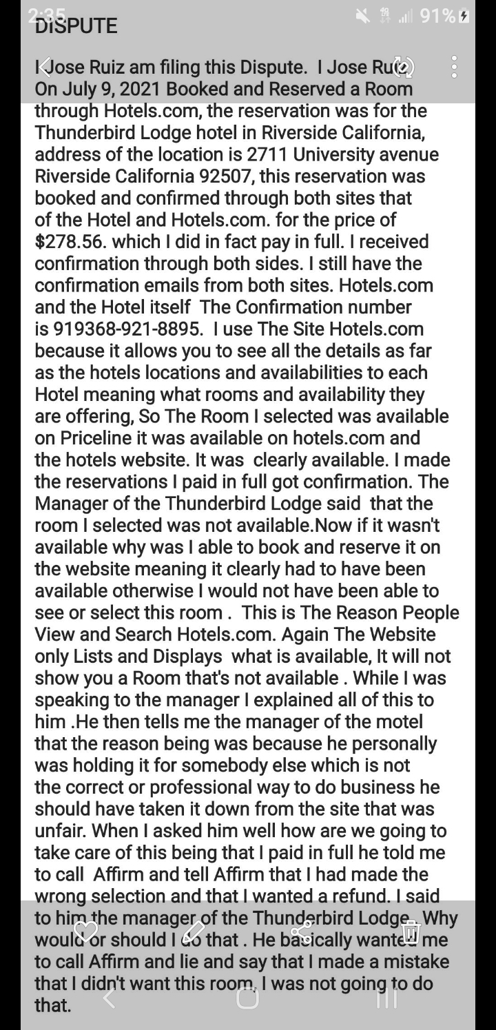 Thunderbird Lodge Riverside complaint Refund