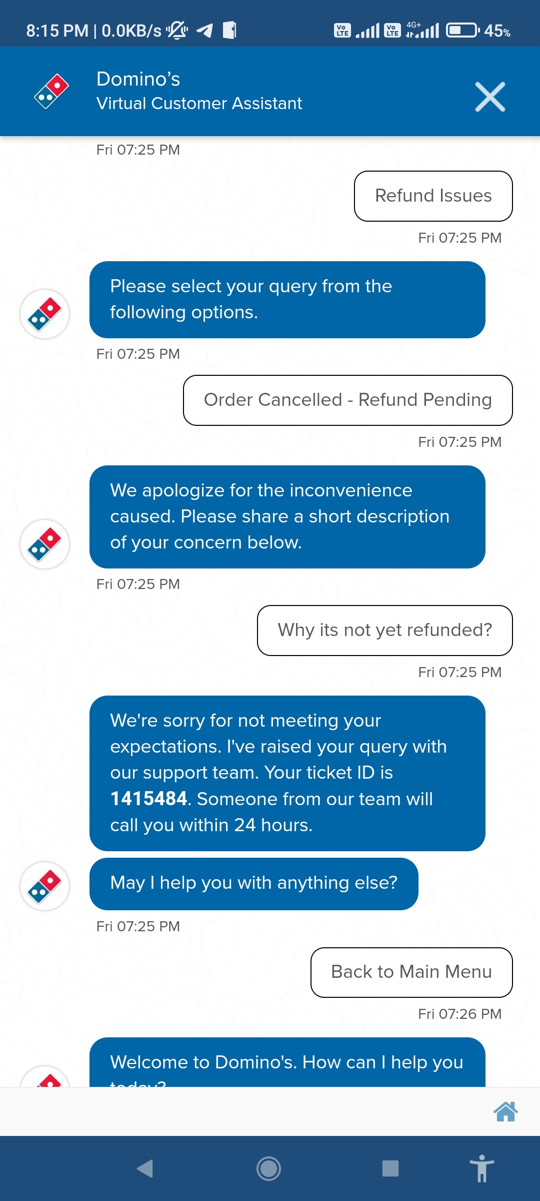 Dominos Pizza complaint not yet refunded