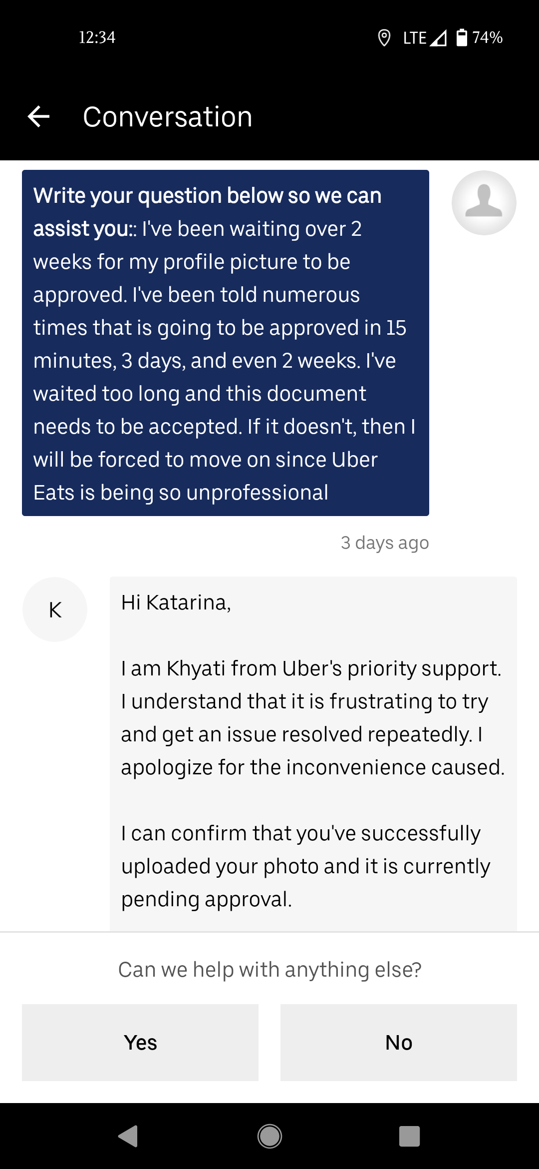Uber Eats complaint Document Approval