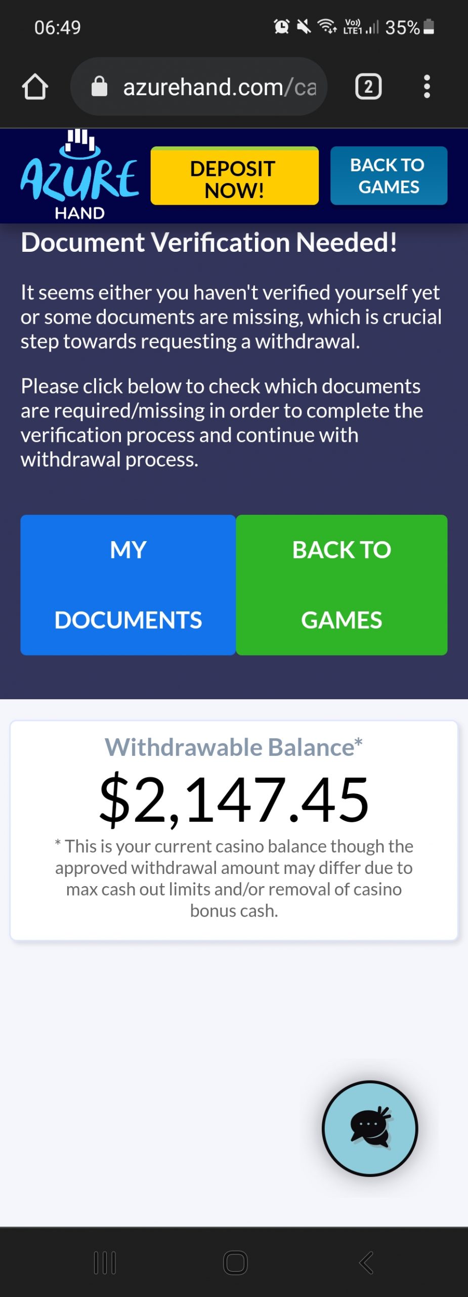 True Blue Casino complaint Won't allow my withdraw