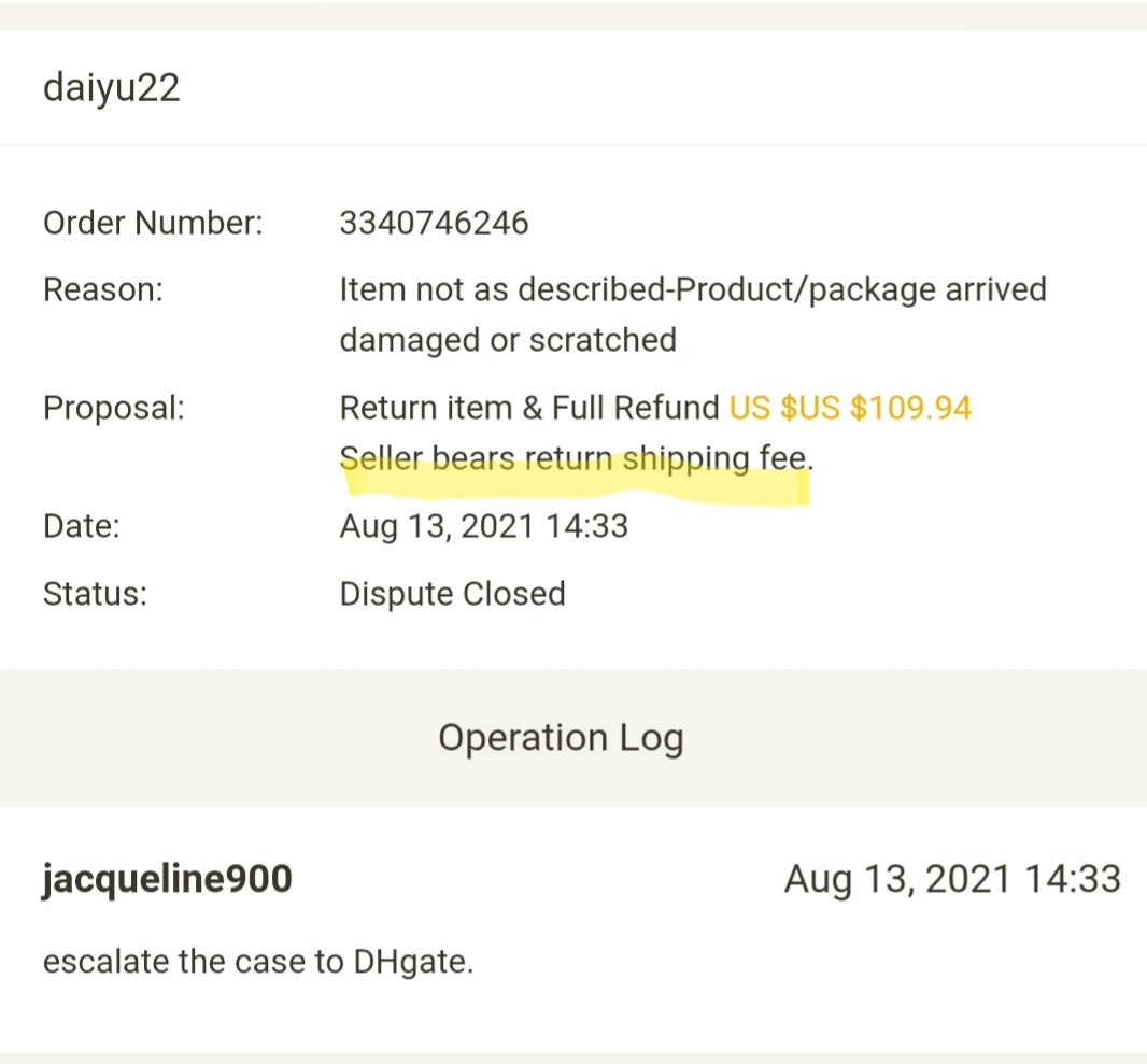 DHgate.com complaint Refund of return shipping fees