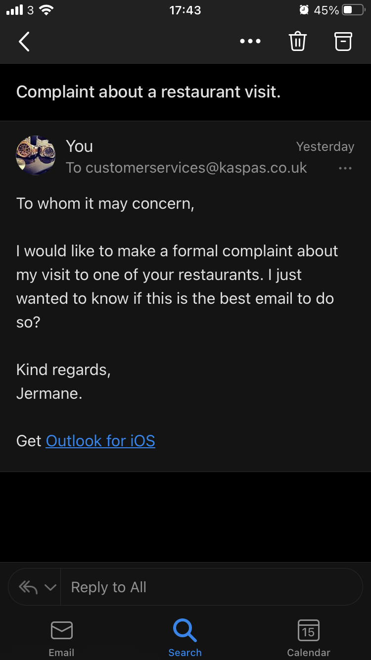 Kaspas Desserts complaint Poor customer service