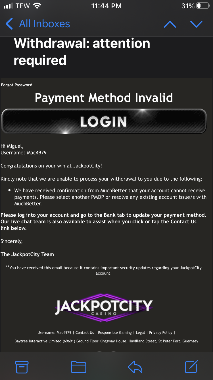 JackpotCity complaint Does not want to give me my withdrawal.