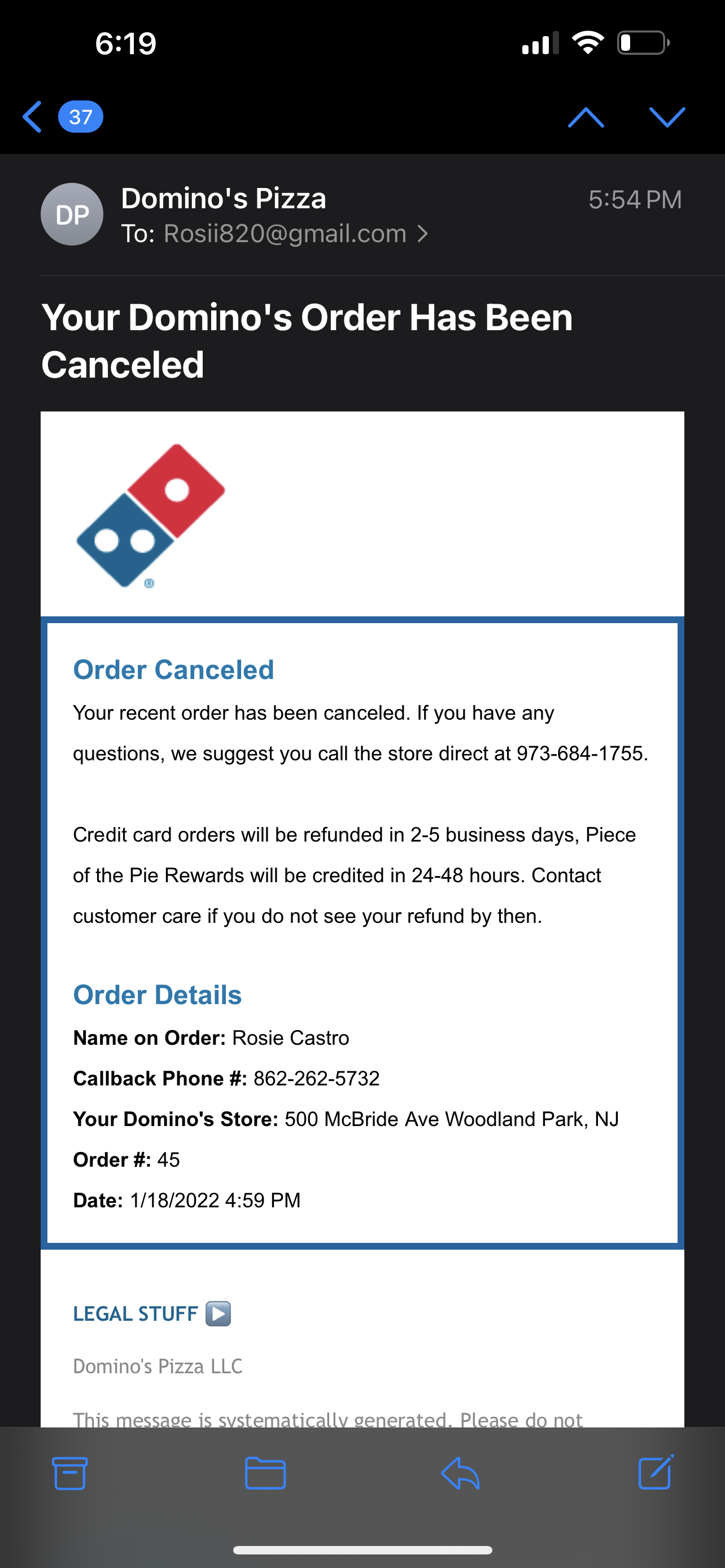 Dominos Pizza complaint Cancel my order after they made me wait a hour