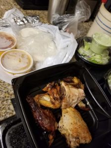 Chicken was like tough leather and burned.