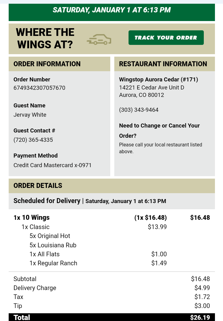 Wingstop complaint Recieved another customer's order