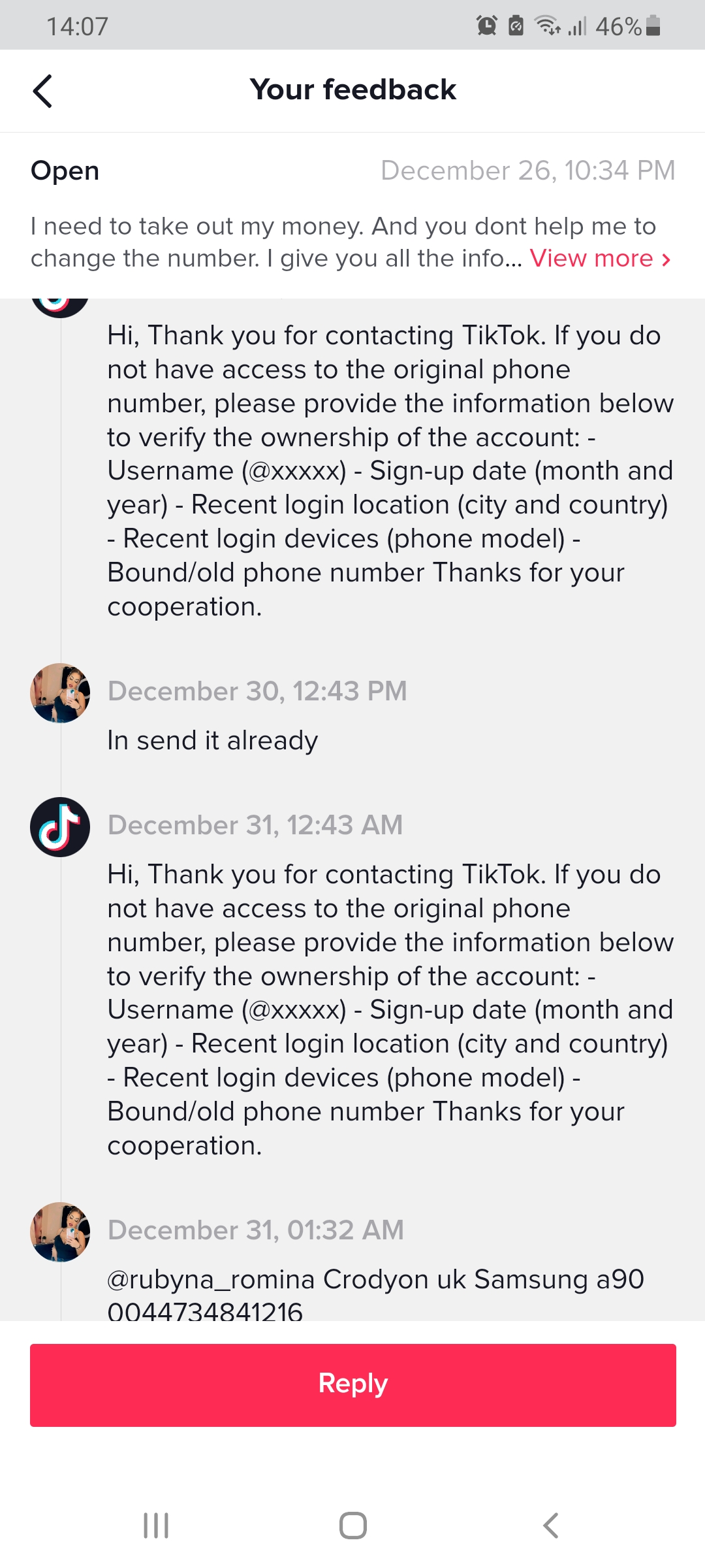 TikTok complaint No help to change my number