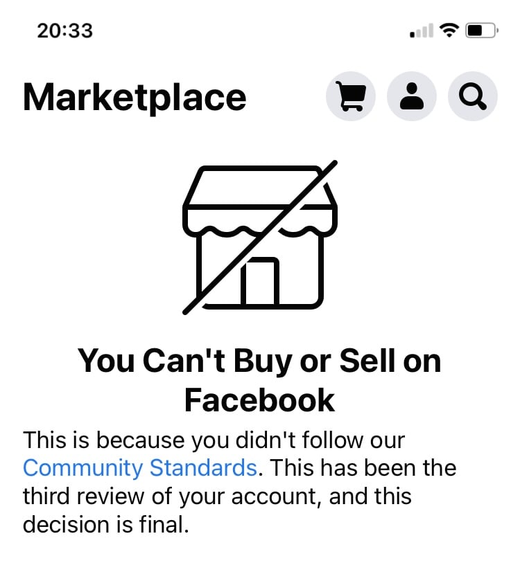 Facebook complaint Access to marketplace removed from app
