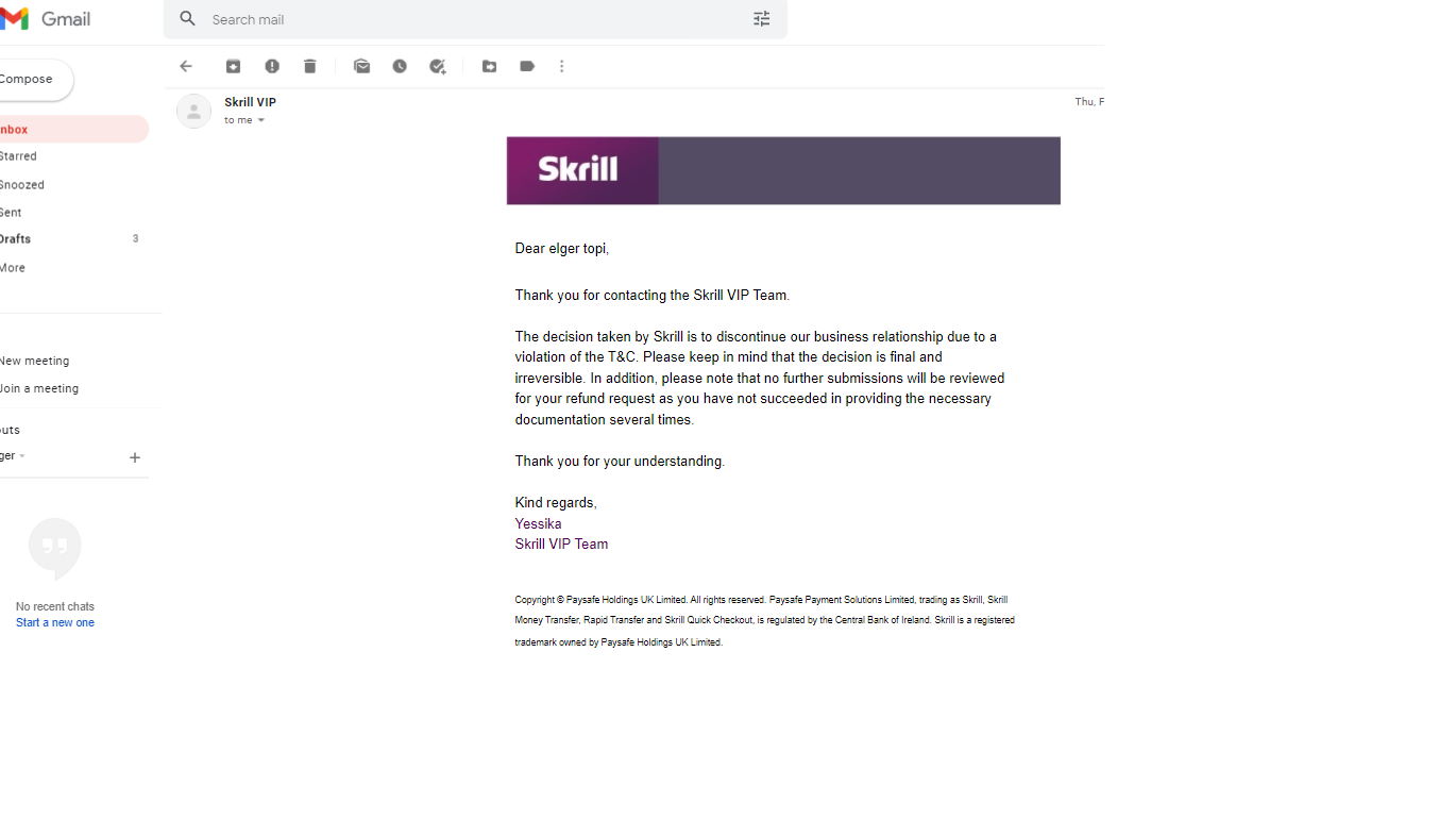 Skrill complaint Dont refund my money