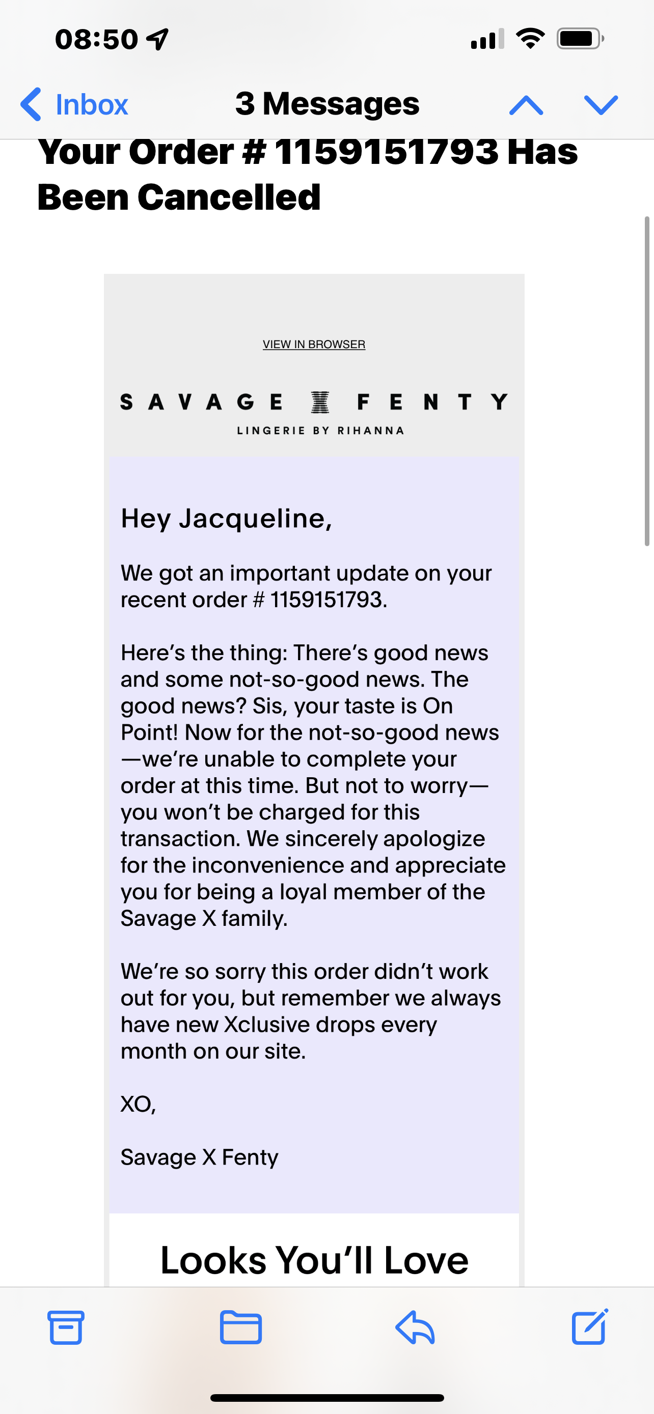 Savage X Fenty complaint Cancellation of Order 1159151793  on 31822