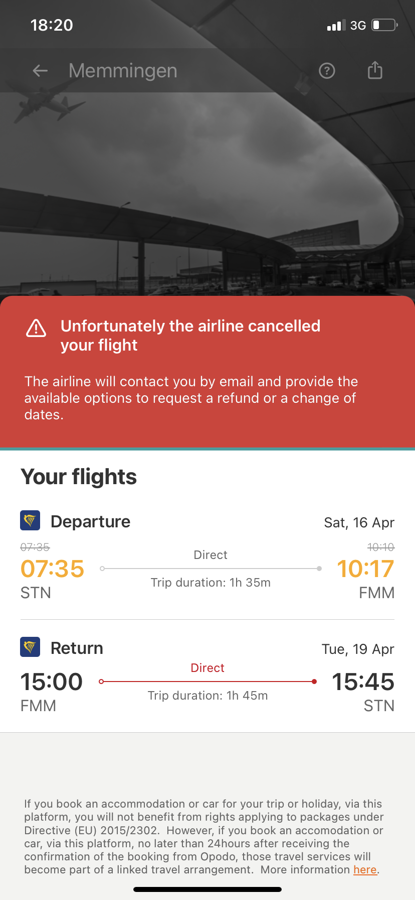Opodo complaint False notification about flight cancellation