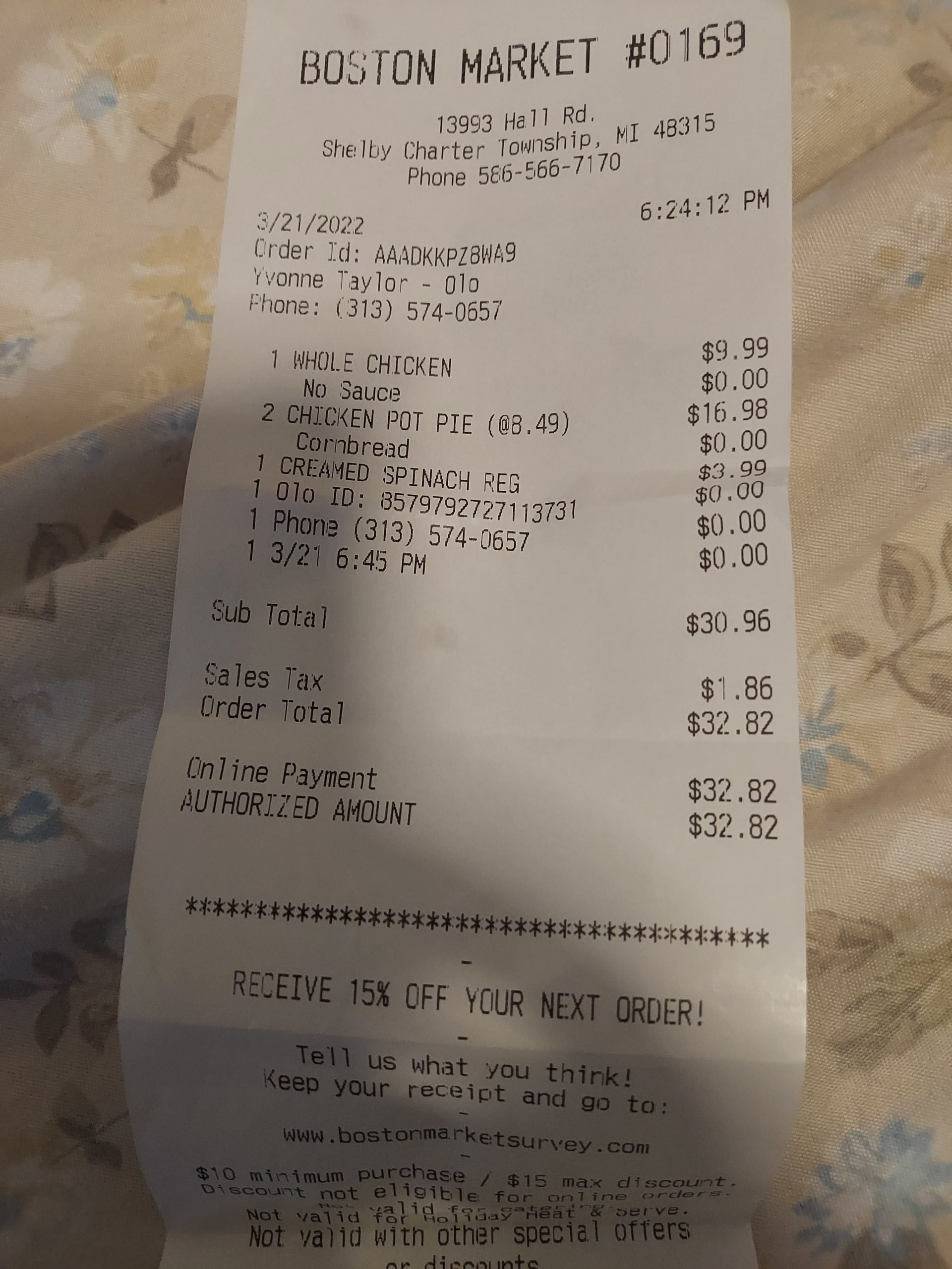 Boston Market complaint No food, but paid online