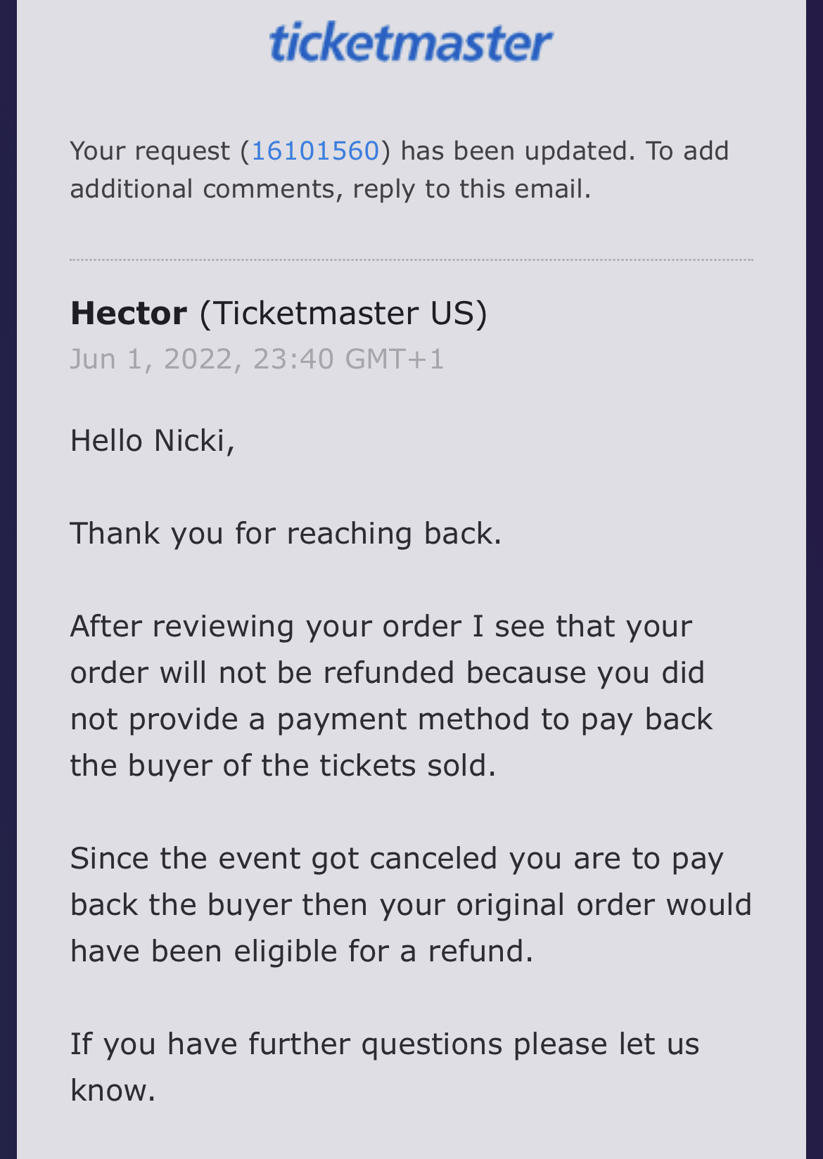 Ticketmaster complaint Ridiculous dealing with canceled event.