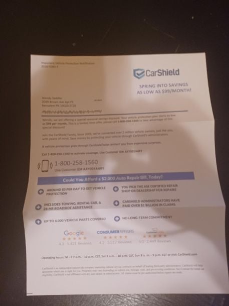 CarShield complaint UNWANTED EMAILS, PHONE CALLS, AND LETTERS