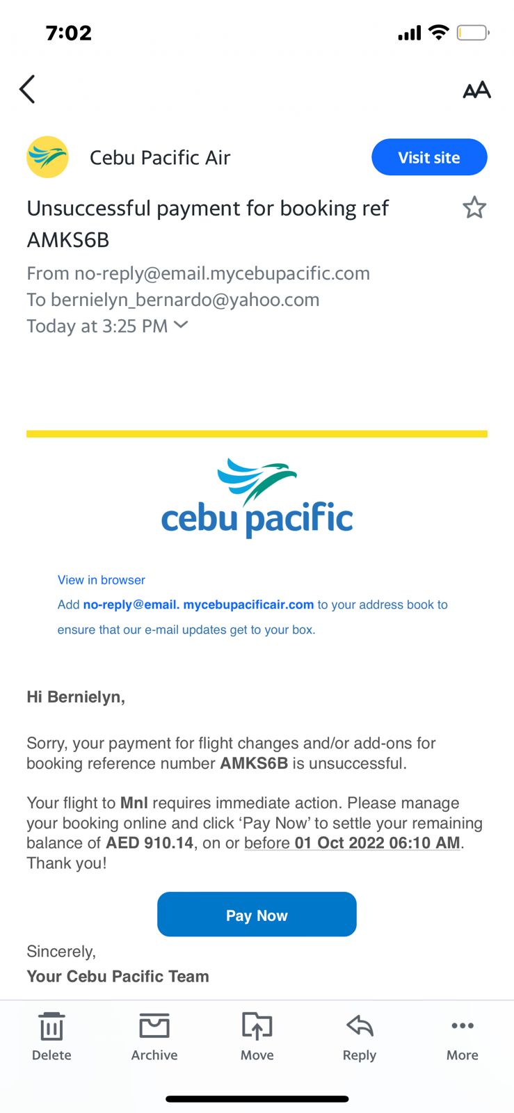 Inbound rebooking has been ed automatically prior to payment