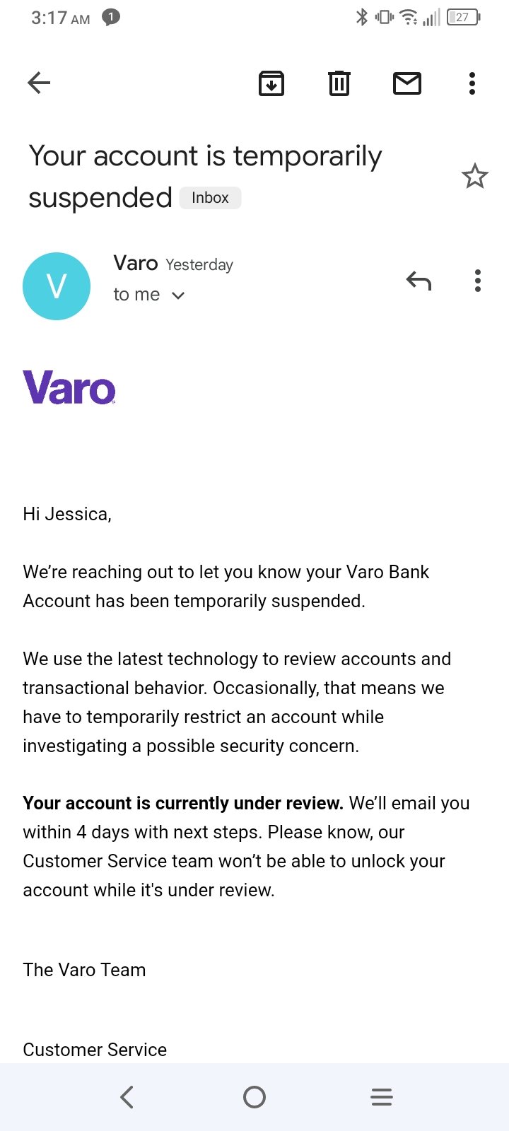 Varo Bank complaint suspended account for no reason