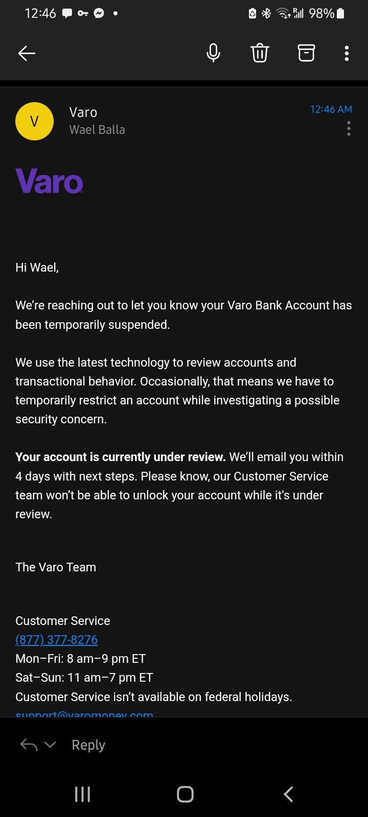 Varo Bank complaint Suspended my account