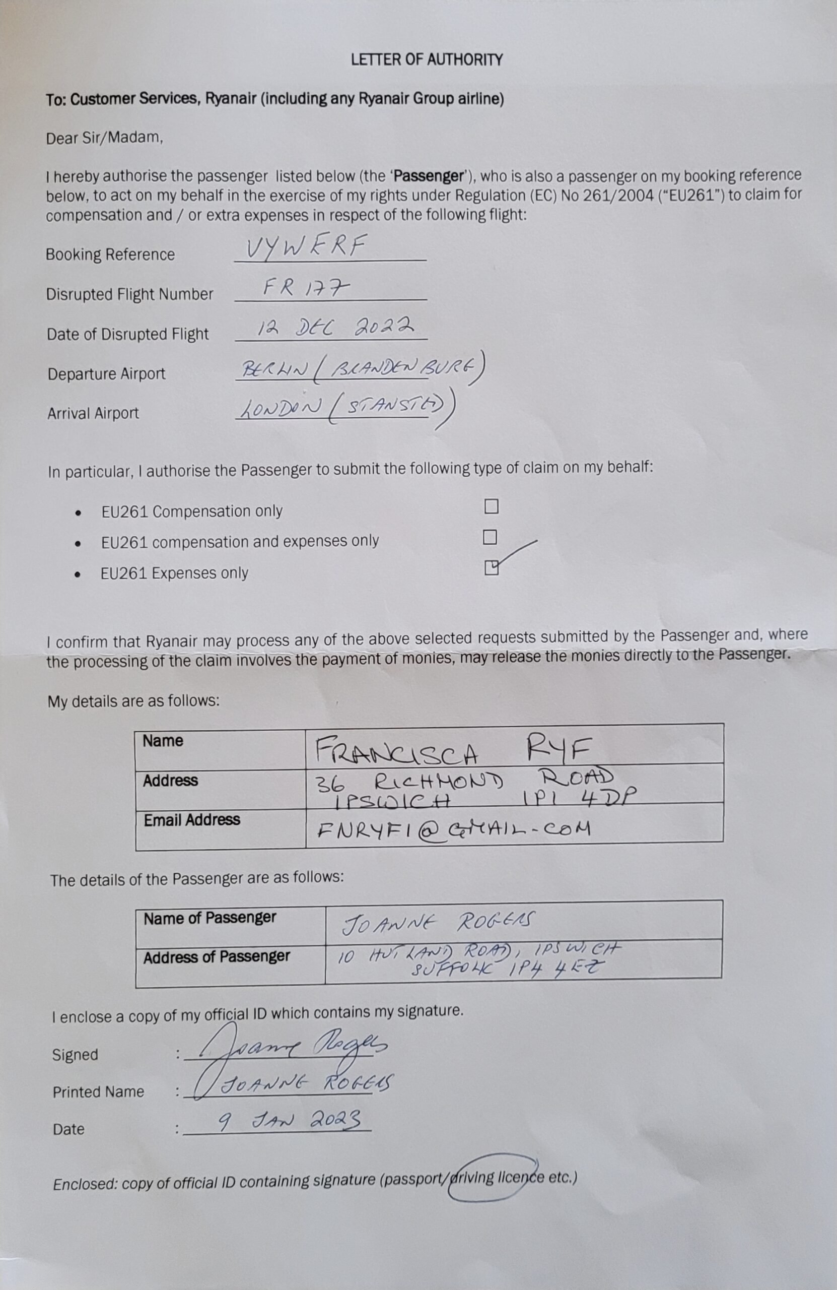 RyanAir complaint EU261 Ryan Air form